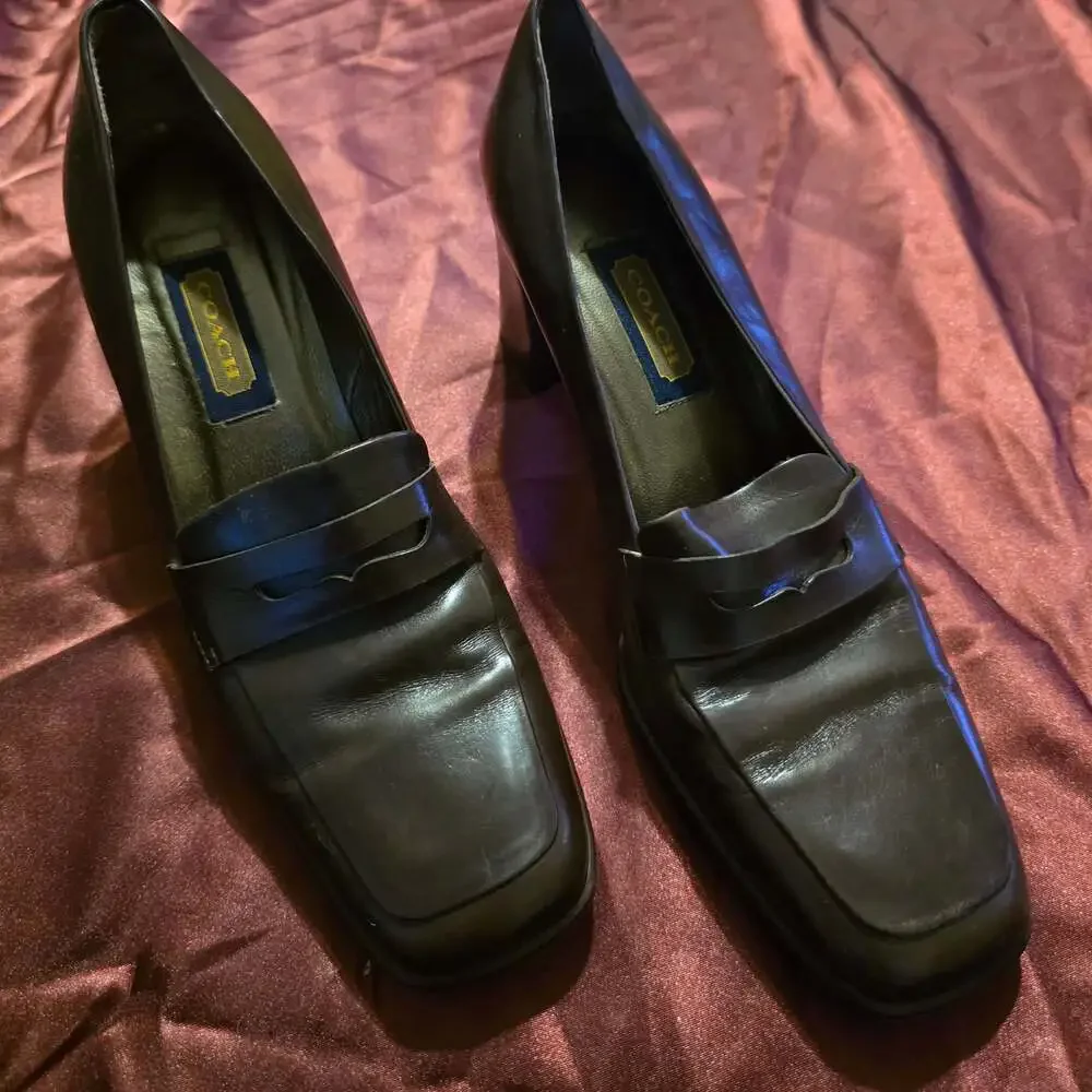 Coach Women's Brown Leather Penny Loafer Block Heel Pumps, Made in Italy